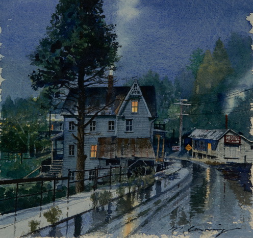 Oregon, Motel, House on a Rainy Street, Nighttime