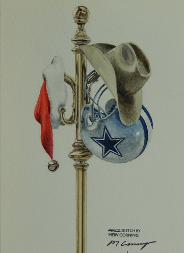 Three Hats on a Coat Rack: Santa, Dallas
Cowboys Football Helmet and Cowboy Hat
