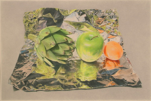 Great American Still Life: A Composition with Artichoke, Apple, Apricot, and Foil